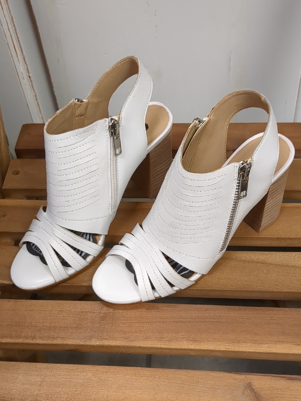 Neiman Marcus White Open-Toe Block Heel Sandals